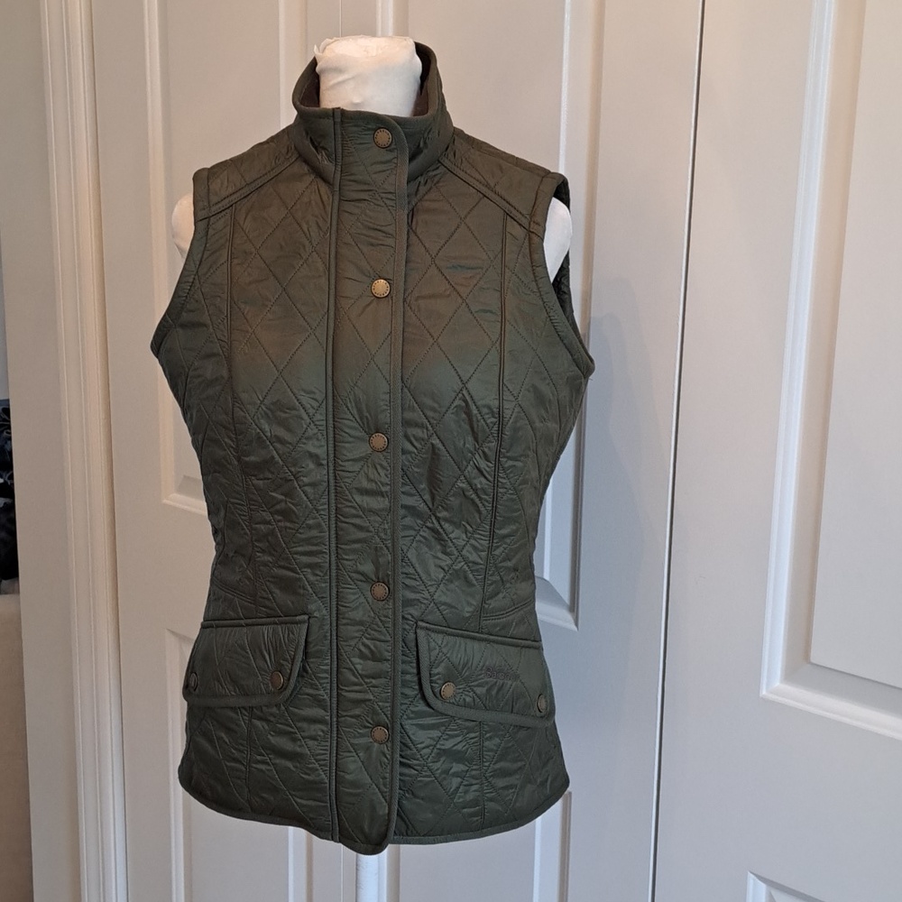Barbour Womens Gilet Wray Diamond Quilted Olive Green Funnel Neck‎ Vest S-6